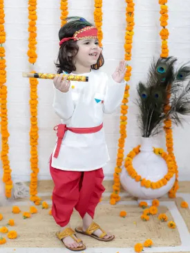 BownBee Cotton Full Sleeve Kurta Dhoti with Mukut Belt and Bansuri Kanhaiya Set For Janmashtami - White