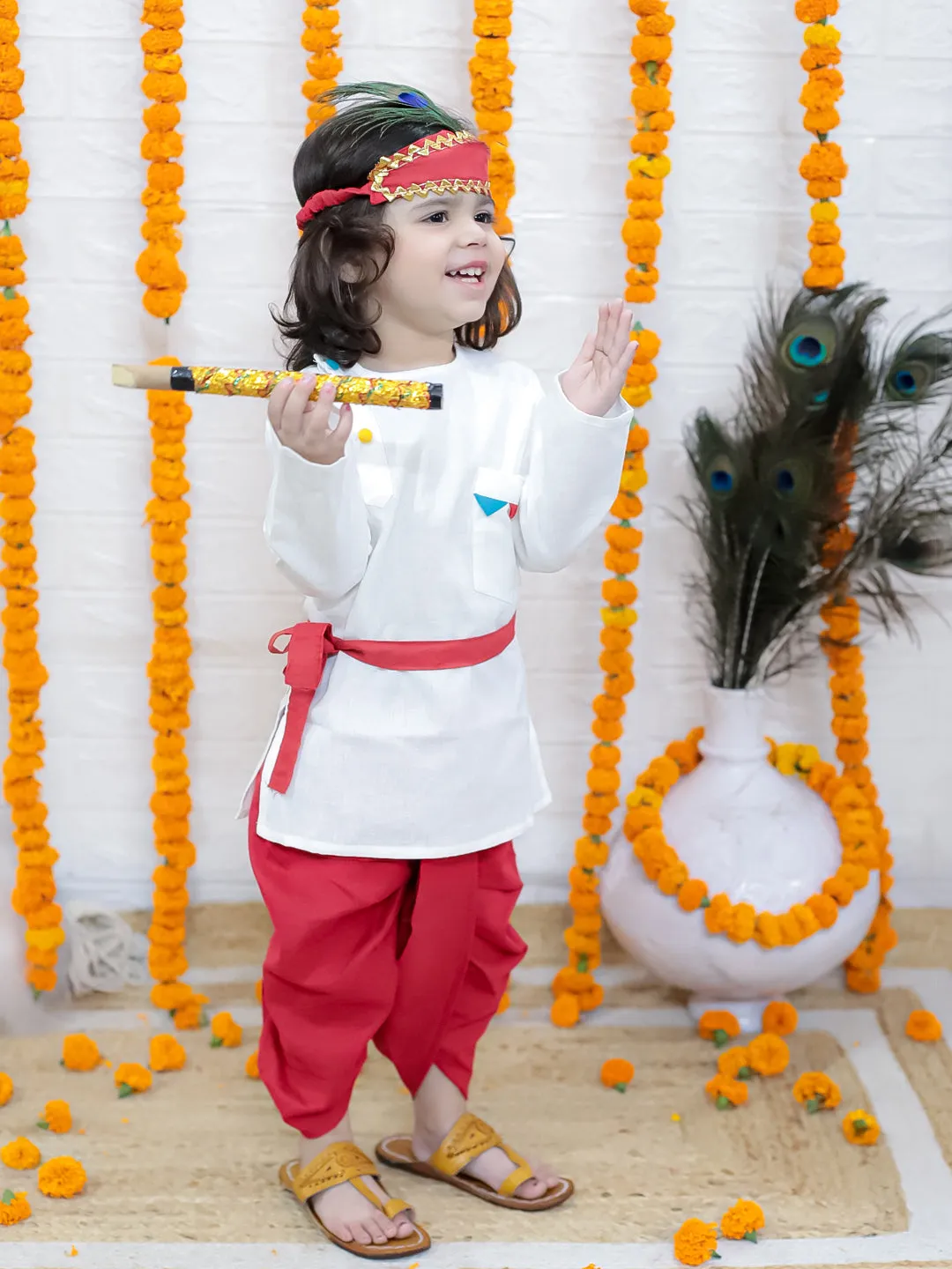 BownBee Cotton Full Sleeve Kurta Dhoti with Mukut Belt and Bansuri Kanhaiya Set For Janmashtami - White