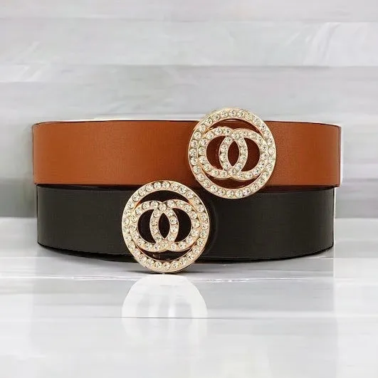 Double O Circle Buckle Belt Set - Black/Cognac
