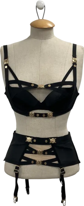 Honey Birdette Black Satin Push Up Bra And Suspender Set UK 32D