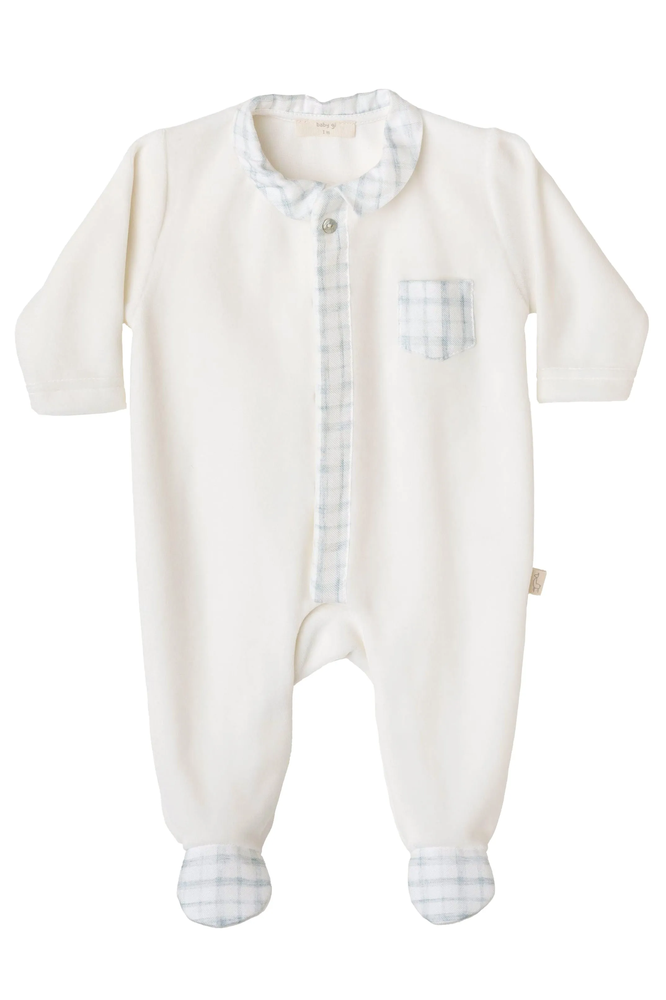 Ivory Velour Checked Sleepsuit