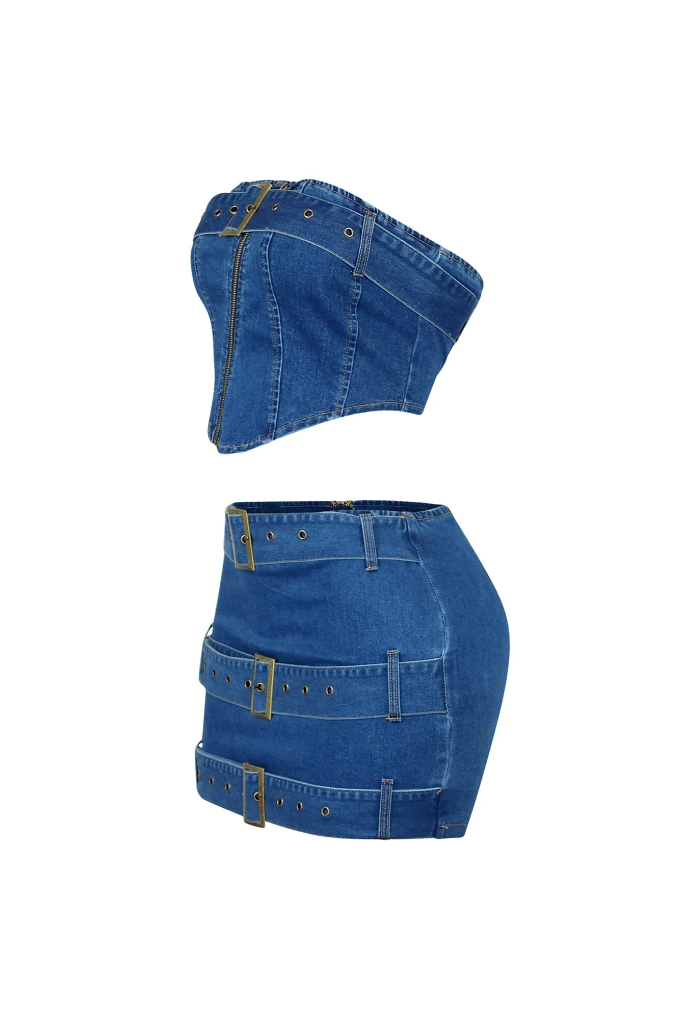 Jade Denim Belted Tube Top & Skirt SET