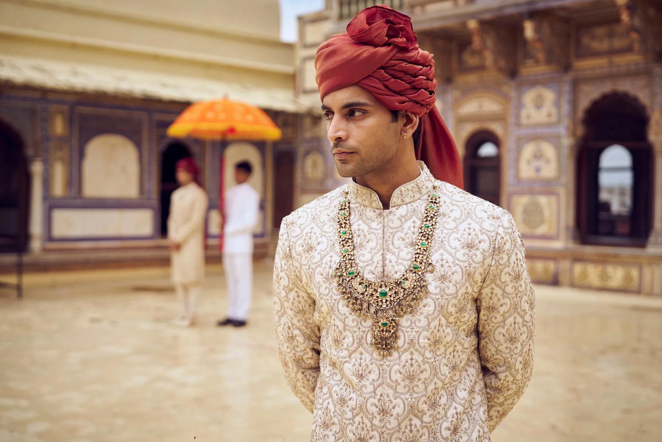 LIGHT BEIGE RAW SILK SHERWANI WITH KURTA CHURIDAR