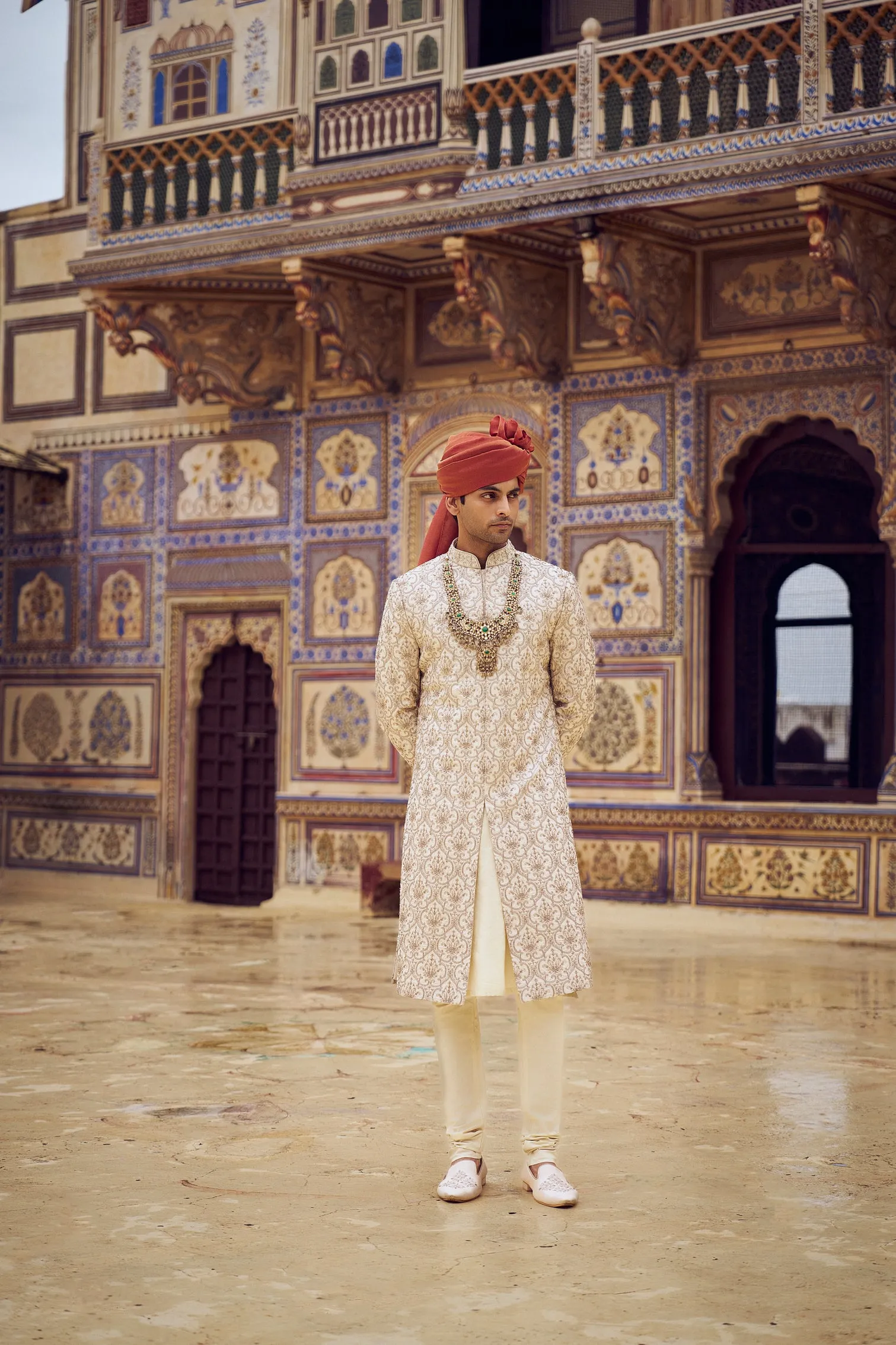 LIGHT BEIGE RAW SILK SHERWANI WITH KURTA CHURIDAR