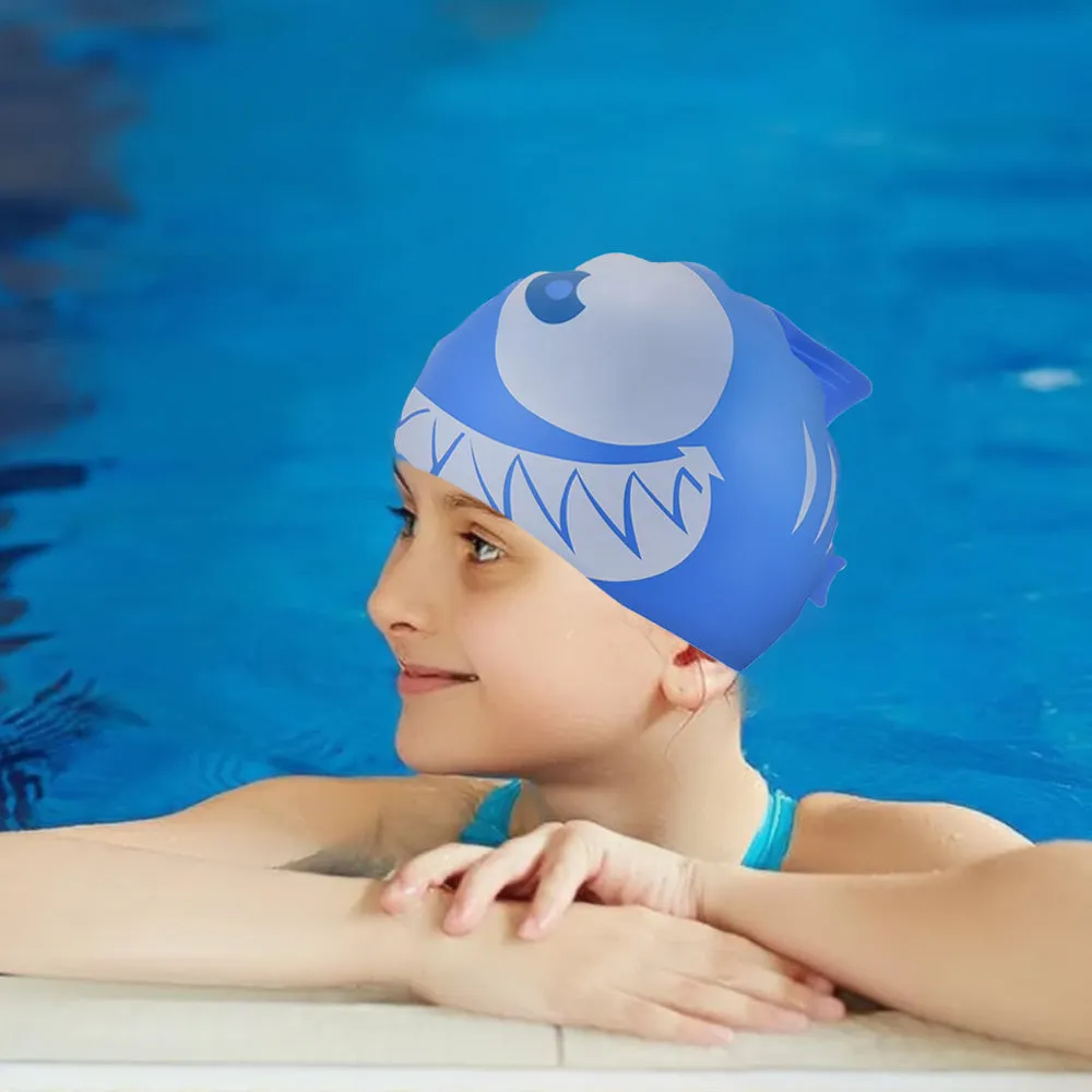 Little Surpise Box, Blue & White Jaw Fish , Silicone Kids Swim Cap, 5 years -15 years