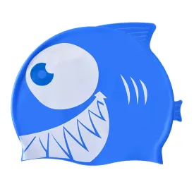 Little Surpise Box, Blue & White Jaw Fish , Silicone Kids Swim Cap, 5 years -15 years