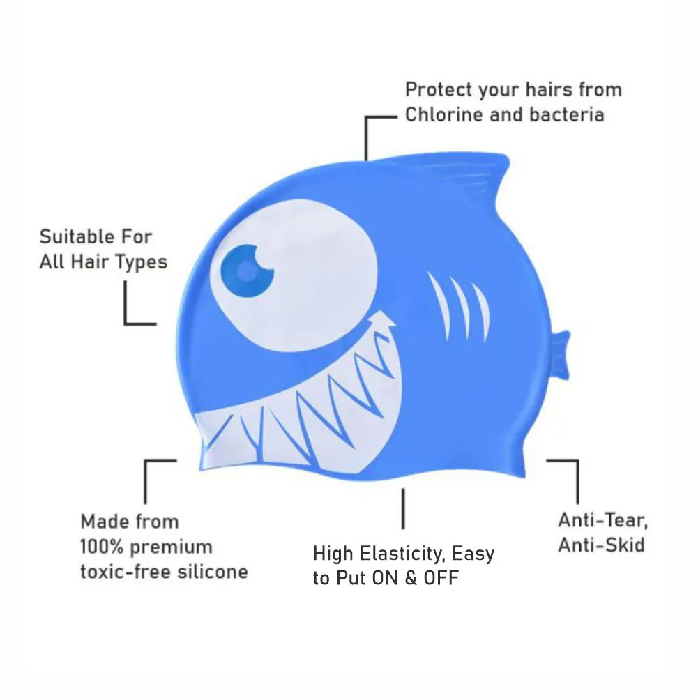 Little Surpise Box, Blue & White Jaw Fish , Silicone Kids Swim Cap, 5 years -15 years