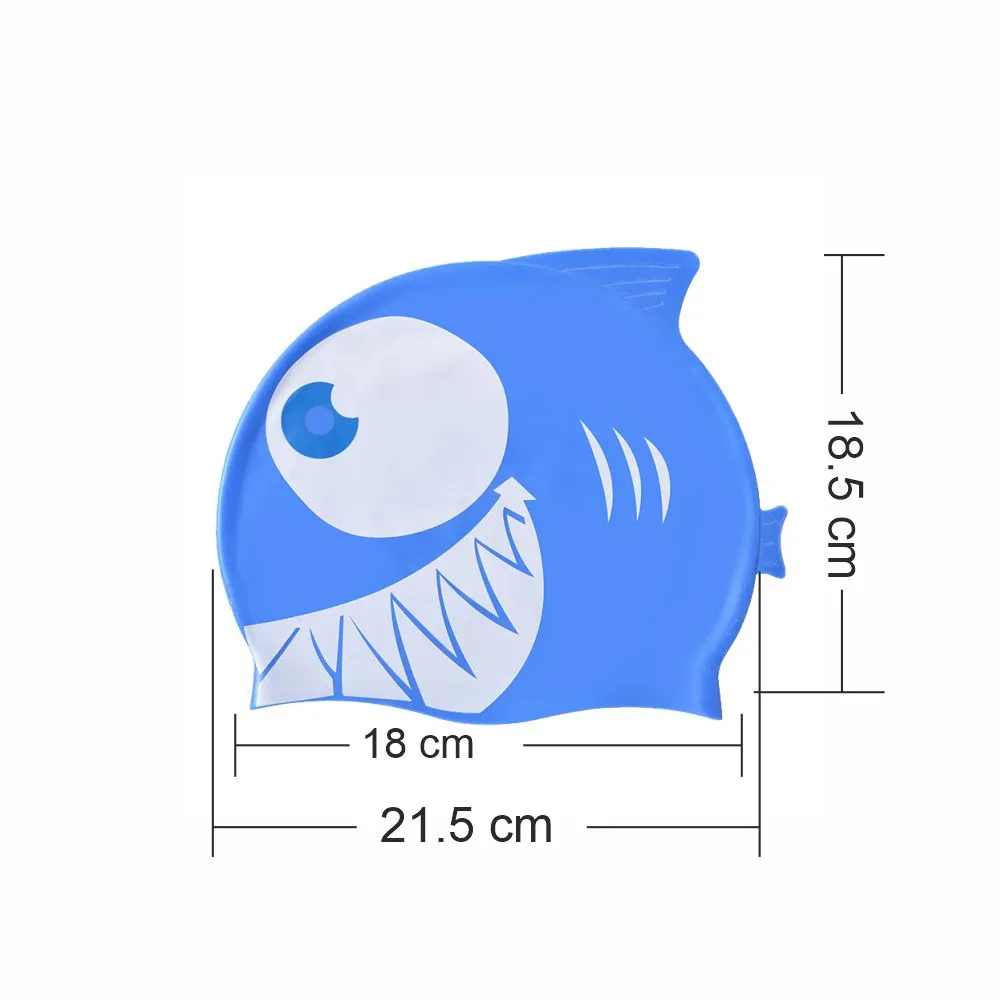 Little Surpise Box, Blue & White Jaw Fish , Silicone Kids Swim Cap, 5 years -15 years