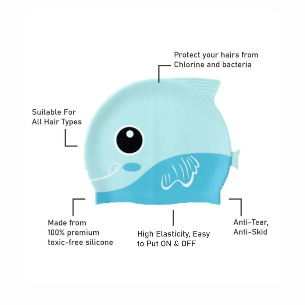Little Surpise Box, Light Blue Fin Dual Color , Silicone Kids Swim Cap, 5 years -15 years