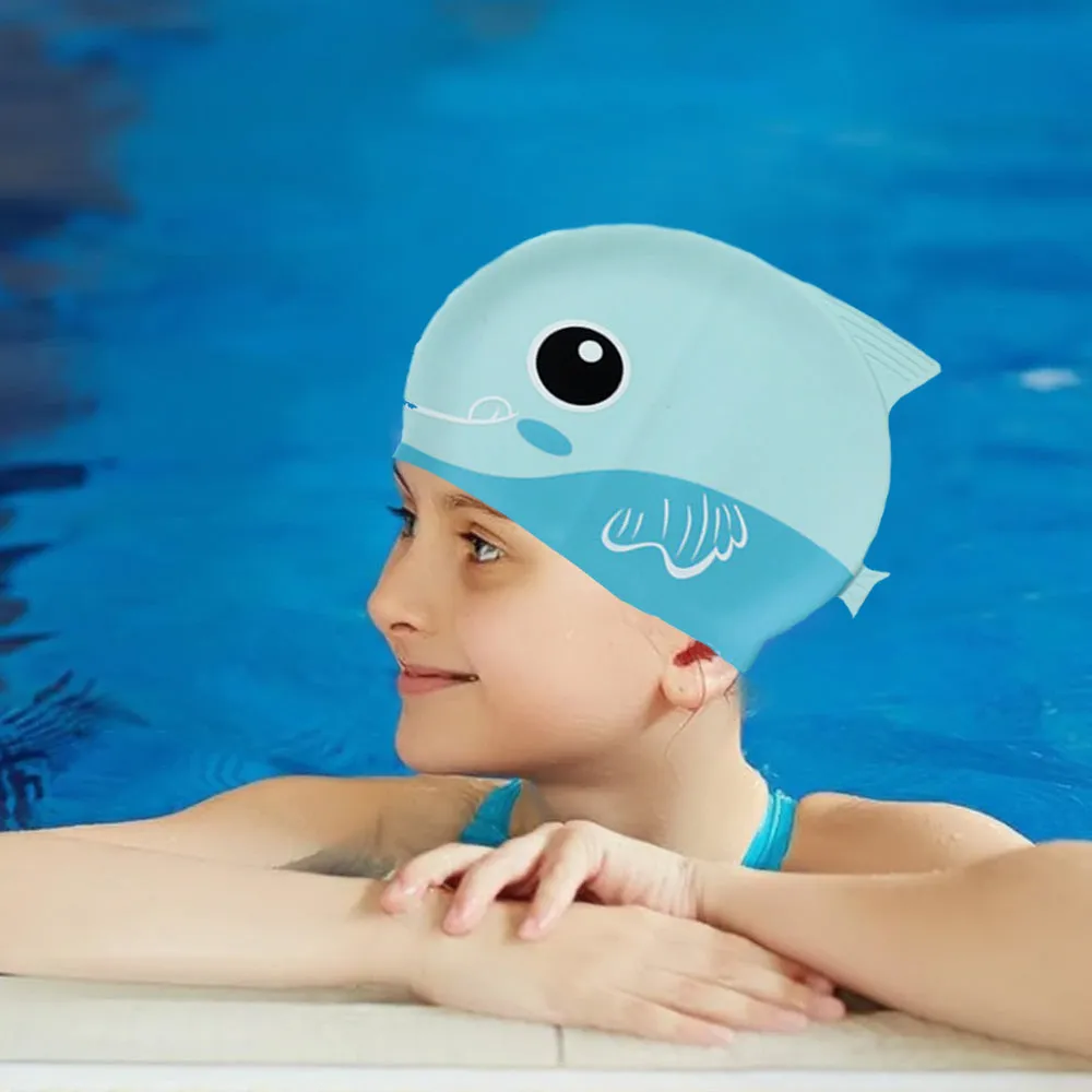 Little Surpise Box, Light Blue Fin Dual Color , Silicone Kids Swim Cap, 5 years -15 years