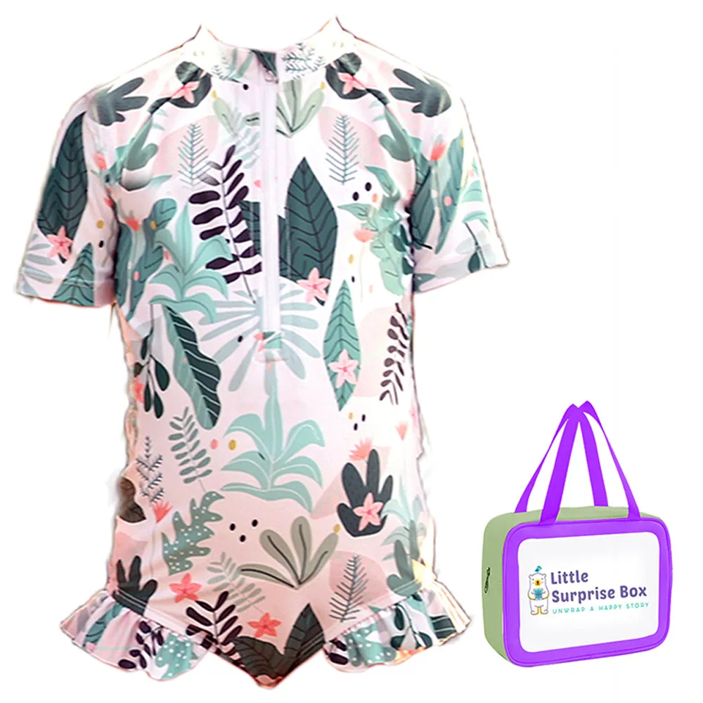 Little Surprise Box,Frilly Tropical Print Toddlers & Kids Swimwear  Swim Cap