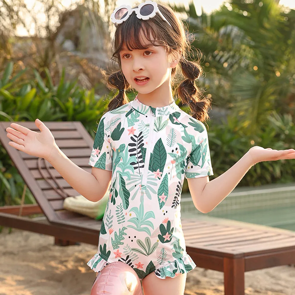 Little Surprise Box,Frilly Tropical Print Toddlers & Kids Swimwear  Swim Cap