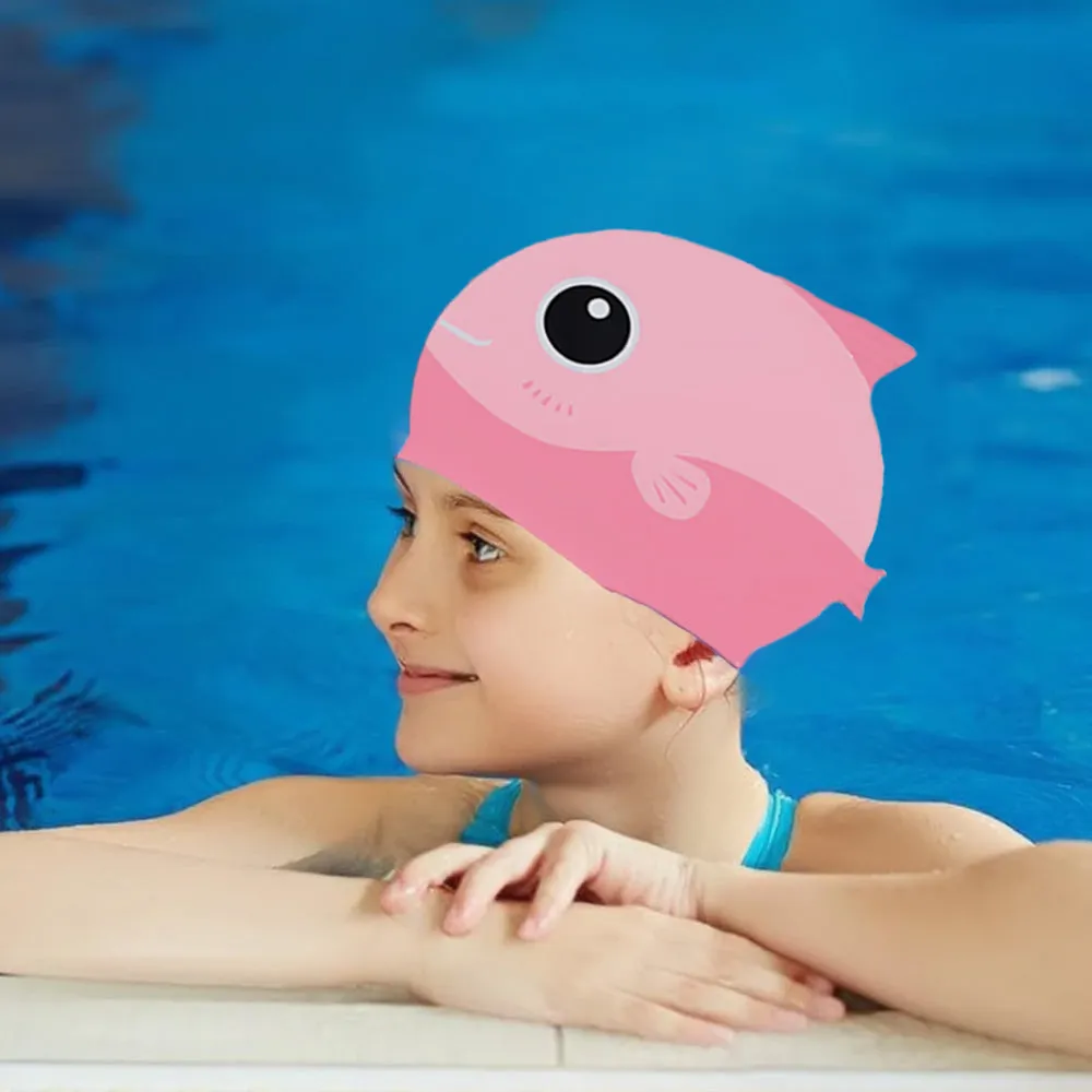 Pink Fin Dual Color , Silicone Kids Swim Cap, 5 years -15 years