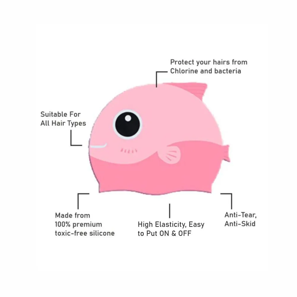 Pink Fin Dual Color , Silicone Kids Swim Cap, 5 years -15 years
