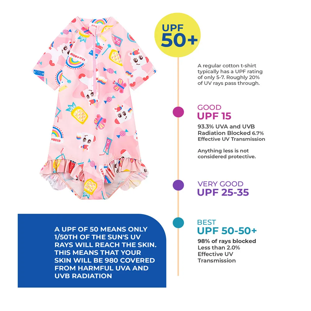 Pink Fruits & Rainbow Kids Swimwear with matching Swim Cap with UPF 50 