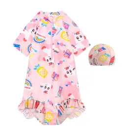 Pink Fruits & Rainbow Kids Swimwear with matching Swim Cap with UPF 50 