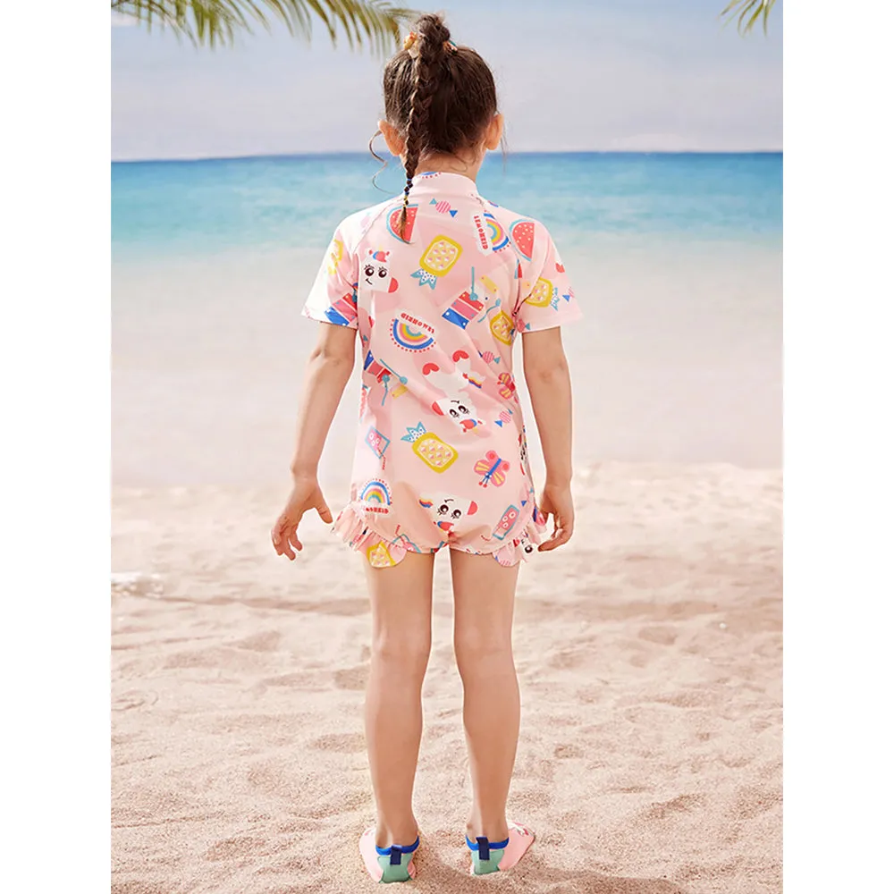 Pink Fruits & Rainbow Kids Swimwear with matching Swim Cap with UPF 50 