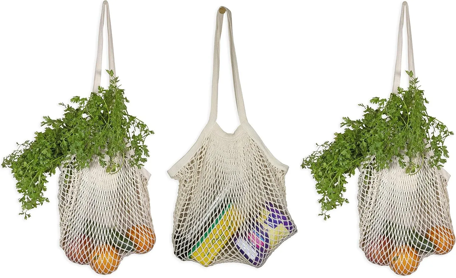 Premium Cotton Mesh Grocery Totes - Reusable French Market Bags - 100% Cotton String Bags for Farmers Market, Produce, Grocery or Beach Trip (3 Pack)
