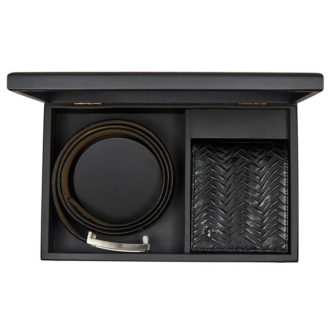 Premium Italian Weave Black  Wallet Belt Set with Wooden Gift Box