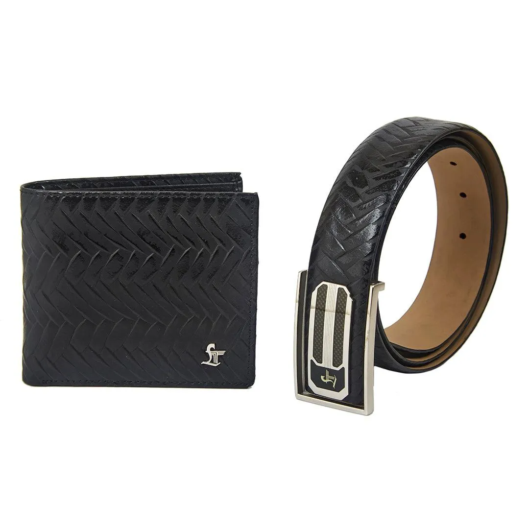 Premium Italian Weave Black  Wallet Belt Set with Wooden Gift Box