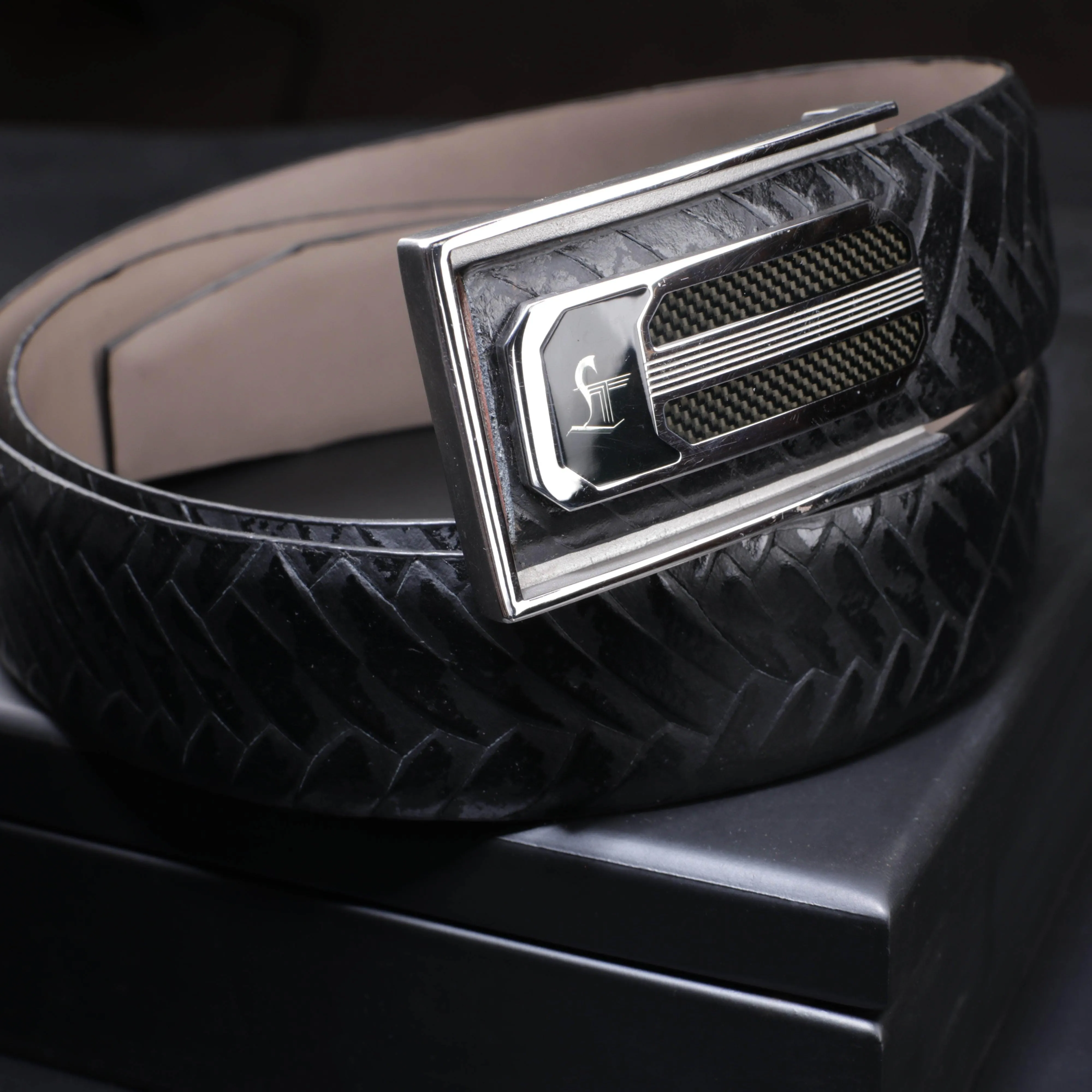 Premium Italian Weave Black  Wallet Belt Set with Wooden Gift Box