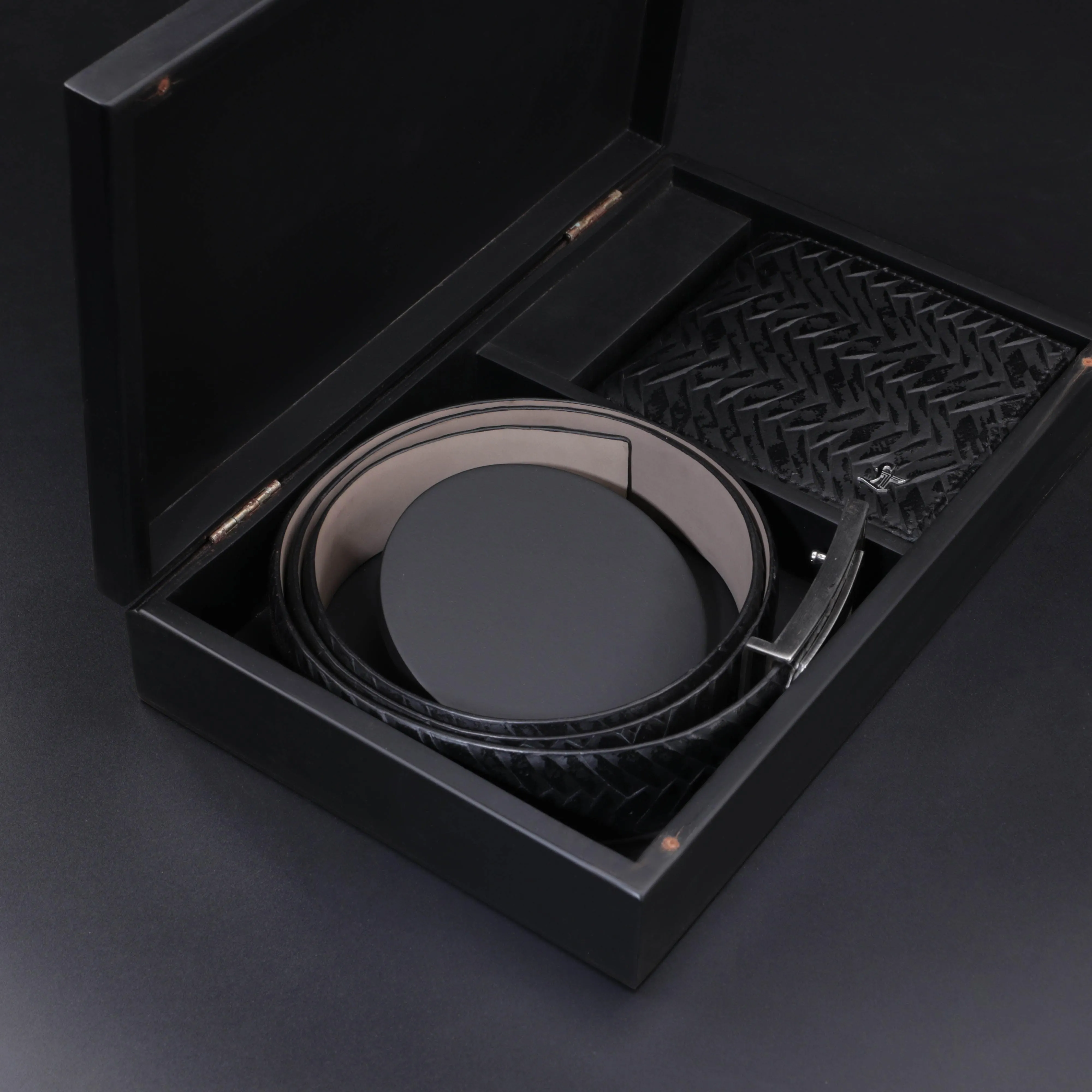 Premium Italian Weave Black  Wallet Belt Set with Wooden Gift Box
