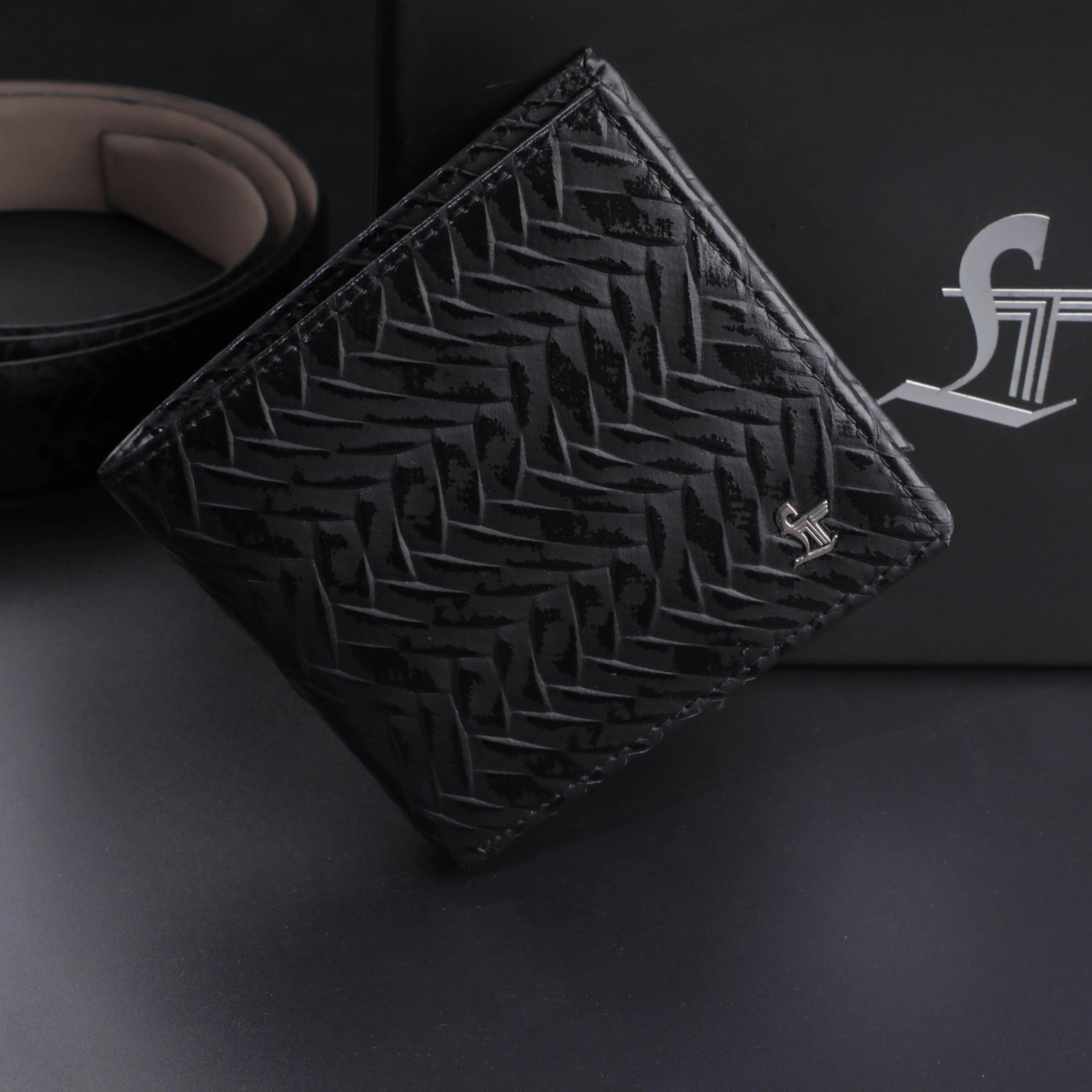 Premium Italian Weave Black  Wallet Belt Set with Wooden Gift Box