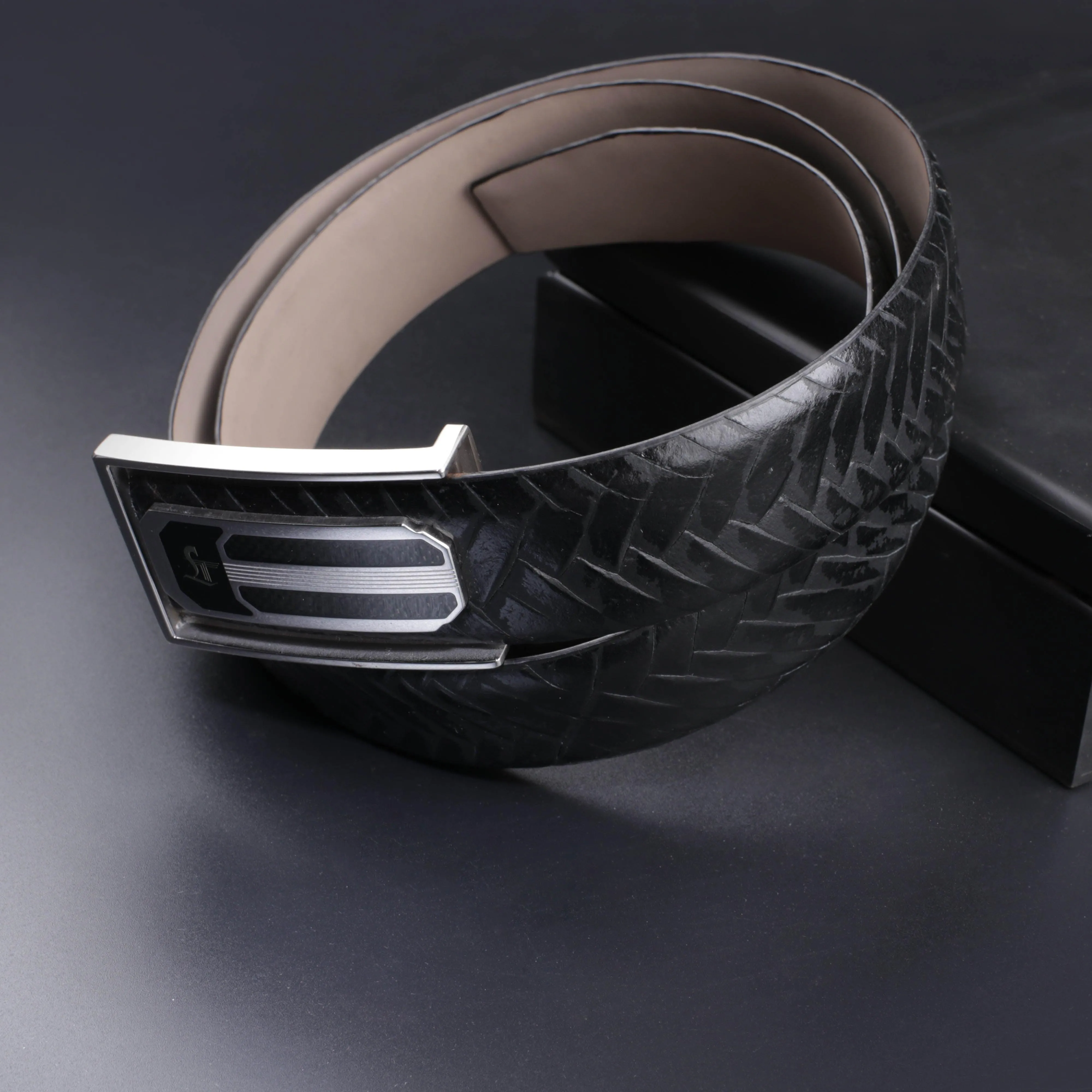Premium Italian Weave Black  Wallet Belt Set with Wooden Gift Box