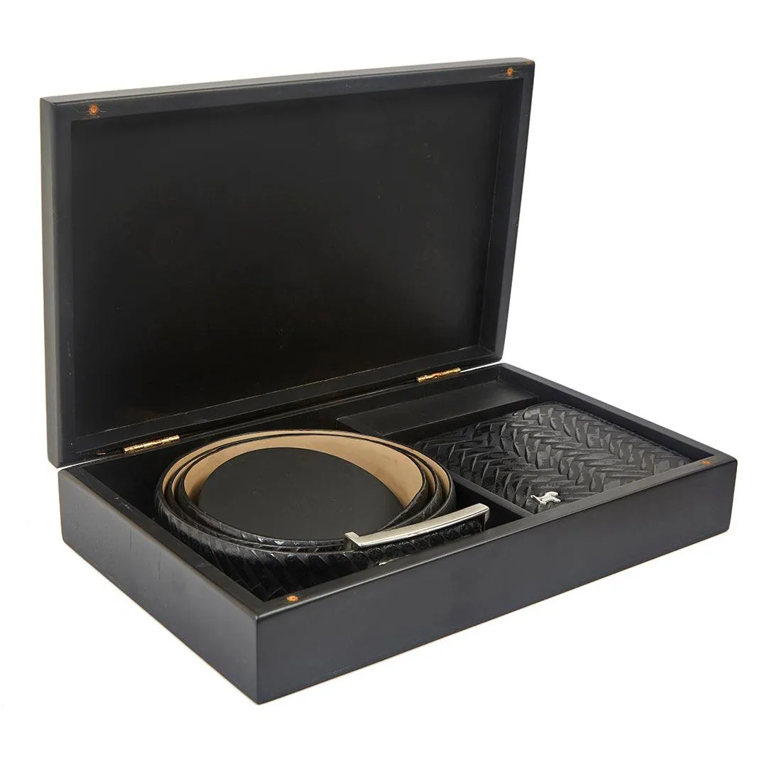 Premium Italian Weave Black  Wallet Belt Set with Wooden Gift Box
