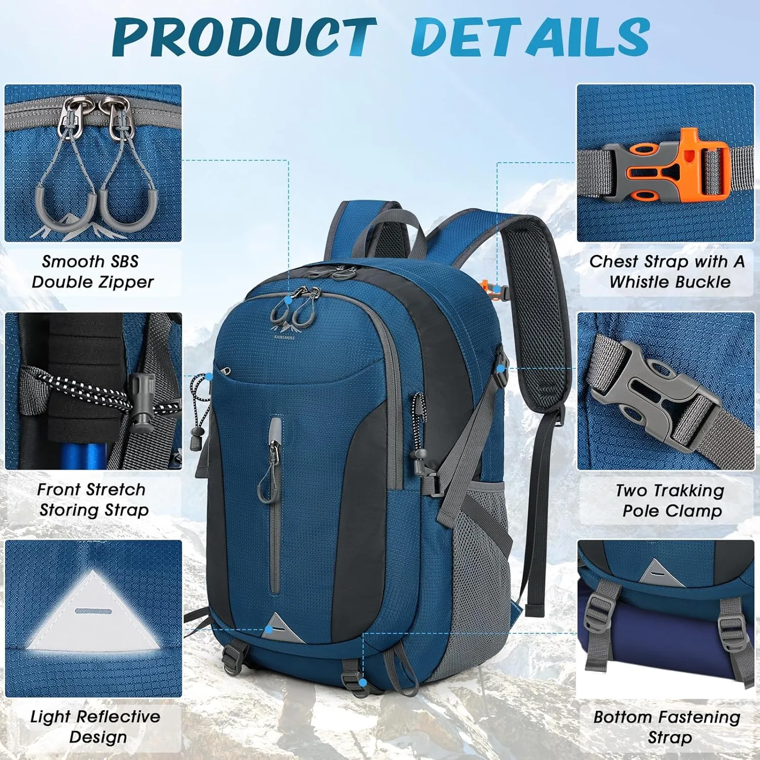 RAINSMORE Hiking Backpack 40L Lightweight Packable Camping Backpack Waterproof Travel Daypack Men Women Hiking Daypack