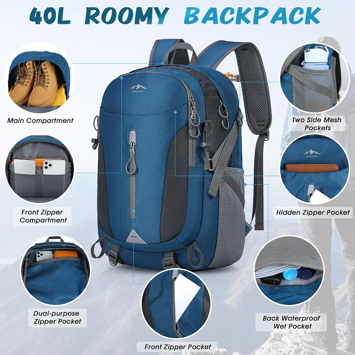 RAINSMORE Hiking Backpack 40L Lightweight Packable Camping Backpack Waterproof Travel Daypack Men Women Hiking Daypack