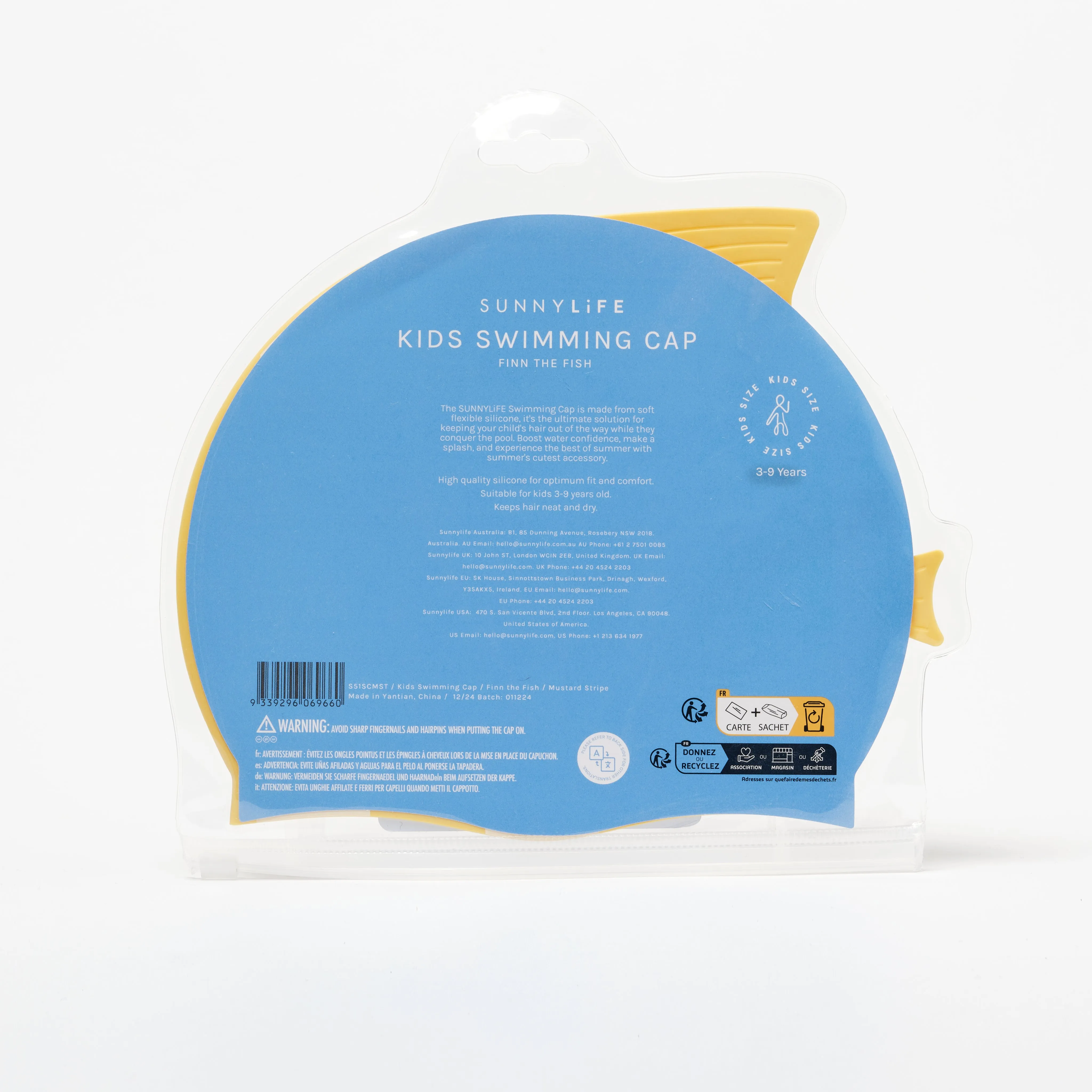 SUNNYLiFE Kids Swimming Cap Finn the Fish Mustard Stripe
